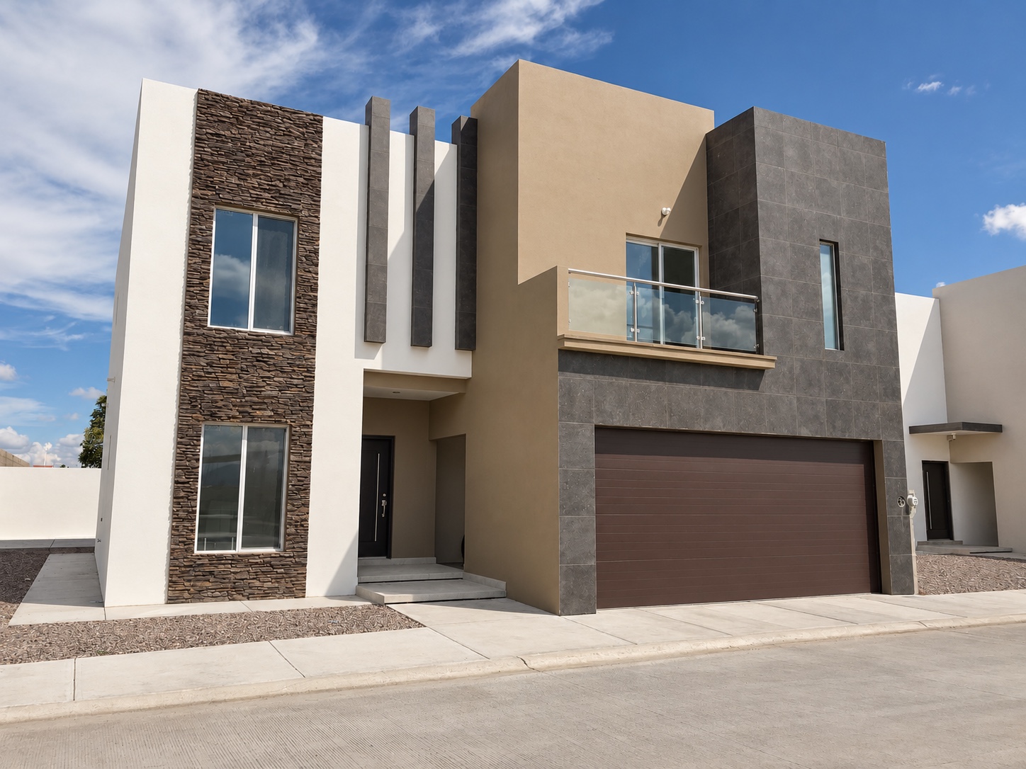 Vivienda personalizada de dos plantas, con fachada de piedra, balcón de vidrio y cochera