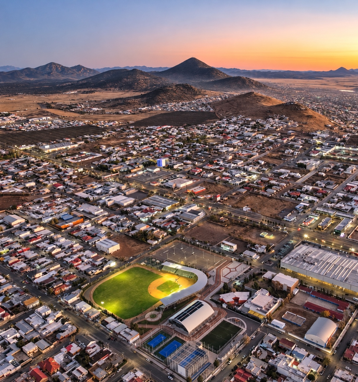 Vista aérea de Cuauhtémoc al atardecer, con la ciudad, un estadio iluminado y las montañas al fondo