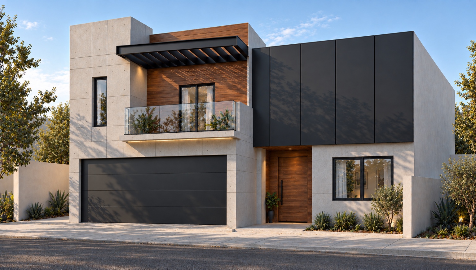 Render exterior de una vivienda de dos plantas con concreto aparente, revestimiento de madera, paneles oscuros y terraza con pérgola
